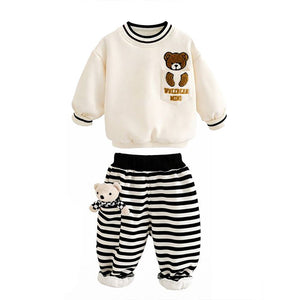 Cream & Black Pocket Bear fleece winter Tracksuit Set for Kids - 1 - 2 Years Kids Clothing