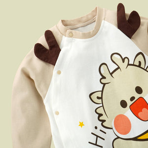 Cream Brown 3d Ear Reindeer theme full sleeves jumpsuit Romper for tiny toddlers - 6 - 12 Months Kids Clothing