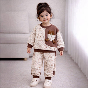 Cream & Brown Dotted Teddy, 2pcs Tracksuit Set for Kids - 2 - 3 Years Kids Clothing
