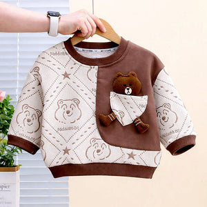 Cream & Brown Dotted Teddy, 2pcs Tracksuit Set for Kids - 2 - 3 Years Kids Clothing