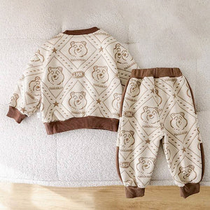 Cream & Brown Dotted Teddy, 2pcs Tracksuit Set for Kids - 2 - 3 Years Kids Clothing