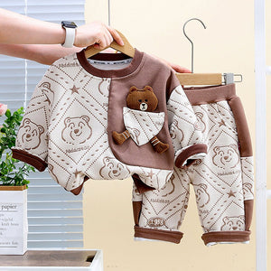Cream & Brown Dotted Teddy, 2pcs Tracksuit Set for Kids - 2 - 3 Years Kids Clothing