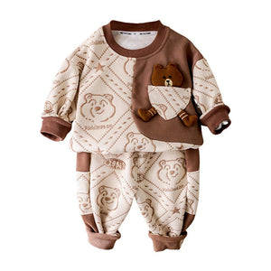 Cream & Brown Dotted Teddy, 2pcs Tracksuit Set for Kids - 2 - 3 Years Kids Clothing