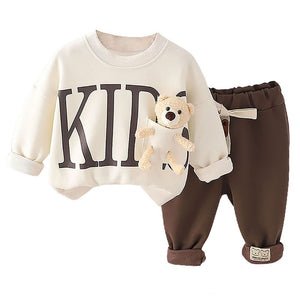 Cream & Brown Kids Teddy Soft Toy 2 Pcs Track Suit Set For Toddlers And Kids - 2 - 3 Years Kids Clothing