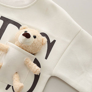 Cream & Brown Kids Teddy Soft Toy 2 Pcs Track Suit Set For Toddlers And Kids - 2 - 3 Years Kids Clothing