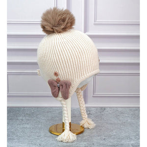 Cream Butterfly Knitted soft Woolen Winter Cap with tie up, 6 - 18 months - 6 - 18 Months Winter Wear
