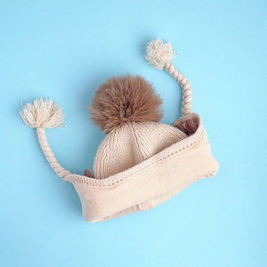 Cream Butterfly Knitted soft Woolen Winter Cap with tie up, 6 - 18 months - 6 - 18 Months Winter Wear