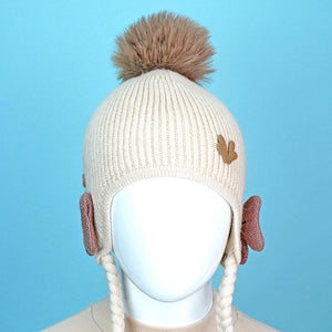 Cream Butterfly Knitted soft Woolen Winter Cap with tie up, 6 - 18 months - 6 - 18 Months Winter Wear