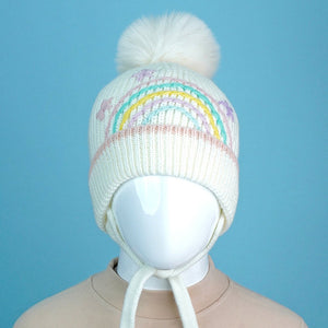 Cream Embroidered Rainbow Knitted Woolen Winter Cap/ Beanie for Kids, 3 - 10 Years - 3 - 10 Years Winter Wear