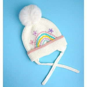 Cream Embroidered Rainbow Knitted Woolen Winter Cap/ Beanie for Kids, 3 - 10 Years - 3 - 10 Years Winter Wear