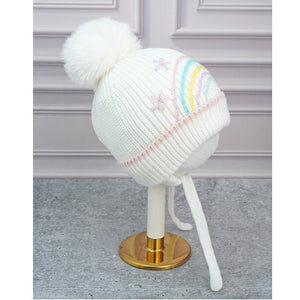 Cream Embroidered Rainbow Knitted Woolen Winter Cap/ Beanie for Kids, 3 - 10 Years - 3 - 10 Years Winter Wear