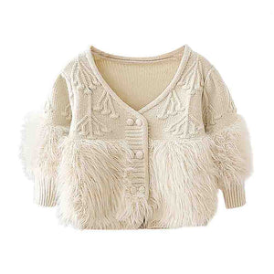 Cream Furry Knitted cardigan Sweater for Kids - 2 - 3 Years Winter Wear