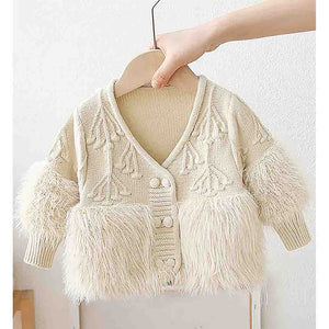 Cream Furry Knitted cardigan Sweater for Kids - 2 - 3 Years Winter Wear