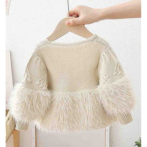 Cream Furry Knitted cardigan Sweater for Kids - 2 - 3 Years Winter Wear