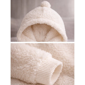 Cream Furry Teddy Full Sleeves Jumpsuit Hoodie Winter Romper for Tiny Toddlers - 3 - 6 Months Winter Wear