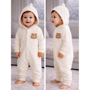 Cream Furry Teddy Full Sleeves Jumpsuit Hoodie Winter Romper for Tiny Toddlers - 3 - 6 Months Winter Wear