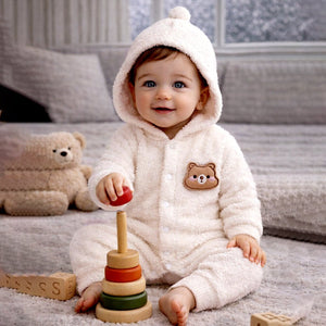 Cream Furry Teddy Full Sleeves Jumpsuit Hoodie Winter Romper for Tiny Toddlers - 3 - 6 Months Winter Wear