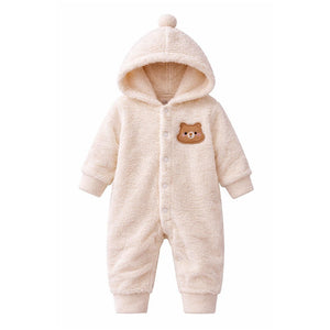 Cream Furry Teddy Full Sleeves Jumpsuit Hoodie Winter Romper for Tiny Toddlers - 3 - 6 Months Winter Wear