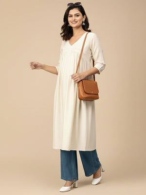 Cream Maternity And Nursing Silk Kurta - S Maternity Ethnic Wear
