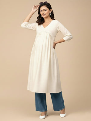 Cream Maternity And Nursing Silk Kurta - S Maternity Ethnic Wear