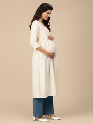 Cream Maternity And Nursing Silk Kurta - S Maternity Ethnic Wear