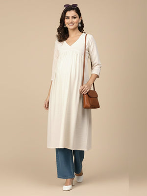 Cream Maternity And Nursing Silk Kurta - S Maternity Ethnic Wear