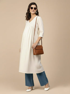 Cream Maternity And Nursing Silk Kurta - S Maternity Ethnic Wear