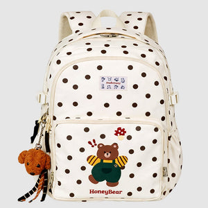 Cream Polka Dot Honey Bear Print School Backpack with Detachable Plush Dog Keychain for Kids - Back To School