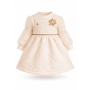 Cream Quilted Pinafore Dress with Inner Top for Girls - 2 - 3 Years Kids Clothing