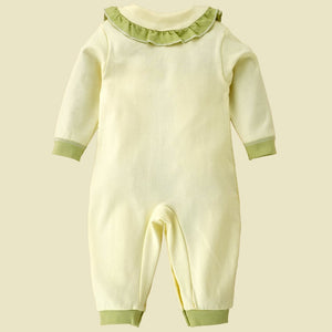Cream Ruffled Green neck Floaral pattern full sleeves Romper for Tiny Toddlers - 6 - 12 Months Kids Clothing