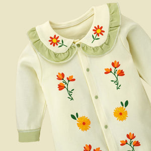 Cream Ruffled Green neck Floaral pattern full sleeves Romper for Tiny Toddlers - 6 - 12 Months Kids Clothing