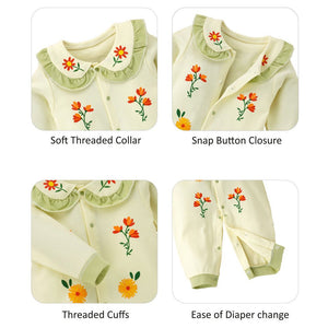 Cream Ruffled Green neck Floaral pattern full sleeves Romper for Tiny Toddlers - 6 - 12 Months Kids Clothing