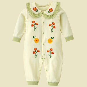 Cream Ruffled Green neck Floaral pattern full sleeves Romper for Tiny Toddlers - 6 - 12 Months Kids Clothing