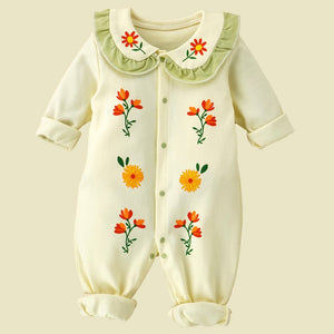Cream Ruffled Green neck Floaral pattern full sleeves Romper for Tiny Toddlers - 6 - 12 Months Kids Clothing