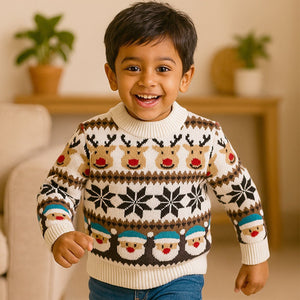 Cream Santa & Reindeer Winter, Christmas Cardigan Sweater for Kids - 2 - 3 Years Winter Wear
