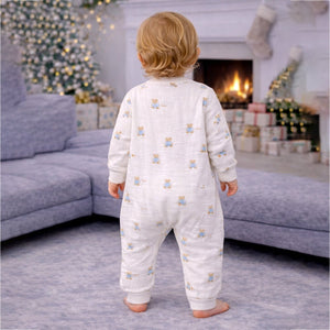 Cream Teddy All - Over Print, Full Sleeves Jumpsuit Hoodie Romper for Tiny Toddlers - 3 - 6 Months Winter Wear