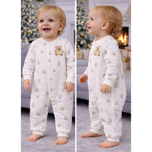 Cream Teddy All - Over Print, Full Sleeves Jumpsuit Hoodie Romper for Tiny Toddlers - 3 - 6 Months Winter Wear