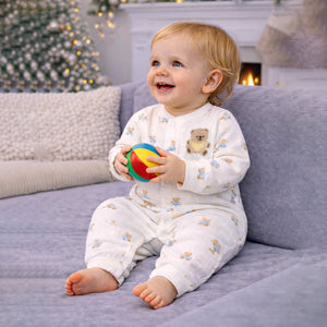 Cream Teddy All - Over Print, Full Sleeves Jumpsuit Hoodie Romper for Tiny Toddlers - 3 - 6 Months Winter Wear