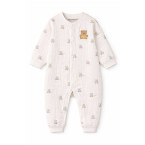 Cream Teddy All - Over Print, Full Sleeves Jumpsuit Hoodie Romper for Tiny Toddlers - 3 - 6 Months Winter Wear