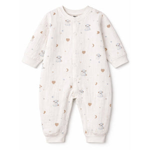 Cream Teddy Heart and Moon, Full Sleeves Jumpsuit Hoodie Romper for Tiny Toddlers - 6 - 12 Months Winter Wear