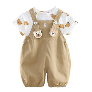 Cream Tee Brown Dungary Style 2Pcs Set For Toddlers And Kids - 1 - 2 Years Kids Clothing