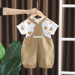 Cream Tee Brown Dungary Style 2Pcs Set For Toddlers And Kids - 1 - 2 Years Kids Clothing