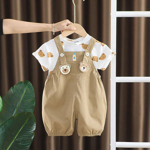 Cream Tee Brown Dungary Style 2Pcs Set For Toddlers And Kids - 1 - 2 Years Kids Clothing