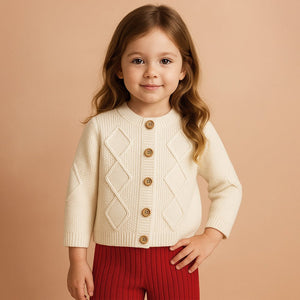 Cream Textured Pattern Knitted Winter Cardigan, Christmas Sweater for Kids - Winter Wear