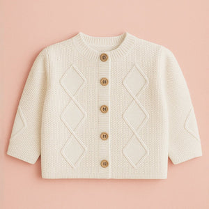 Cream Textured Pattern Knitted Winter Cardigan, Christmas Sweater for Kids - Winter Wear