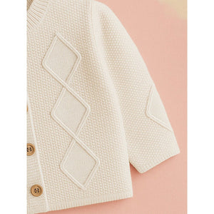 Cream Textured Pattern Knitted Winter Cardigan, Christmas Sweater for Kids - Winter Wear