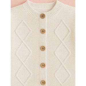 Cream Textured Pattern Knitted Winter Cardigan, Christmas Sweater for Kids - Winter Wear