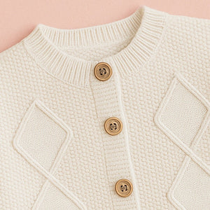 Cream Textured Pattern Knitted Winter Cardigan, Christmas Sweater for Kids - Winter Wear