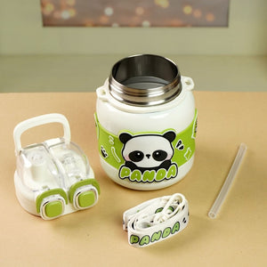 Cream Two way Lid Style Panda theme Stainless Steel Kids Water Bottle,660ml - Back To School