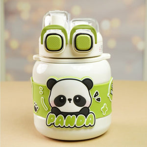 Cream Two way Lid Style Panda theme Stainless Steel Kids Water Bottle,660ml - Back To School